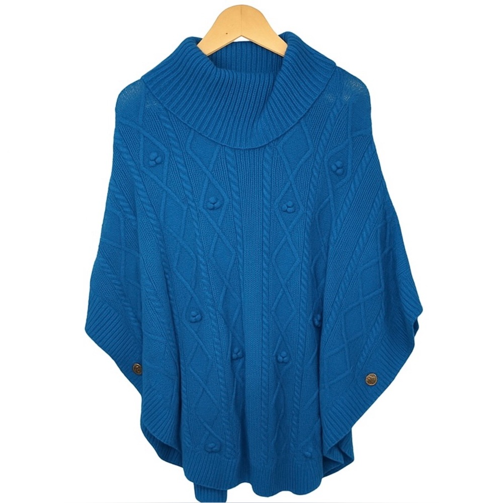 Talbots Wool Blend Cable KnitTeal Cowl Neck Cottage Shawl Cape Quiet Luxury XS